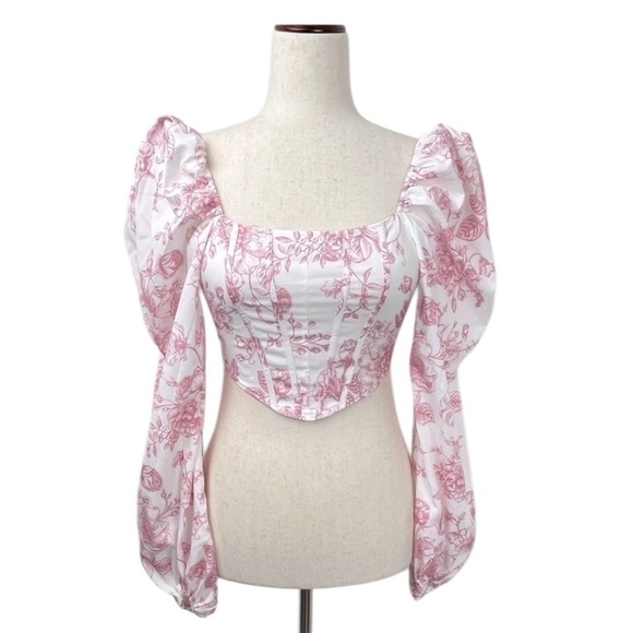 Cider Floral Crop Ribbed Long Puff Sleeve. Pink White. Size XS. #669 - Picture 1 of 6